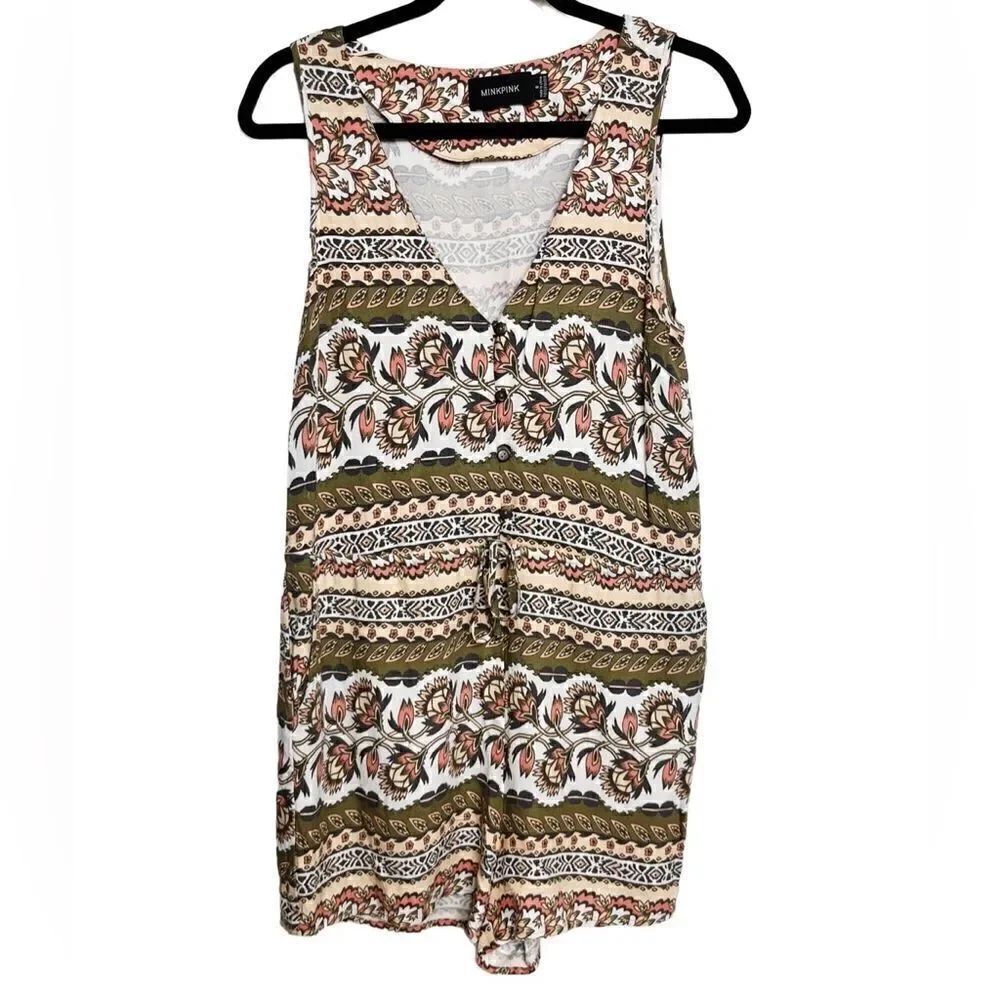 Mink Pink Boho Printed V Neck Romper White and Green Size Small